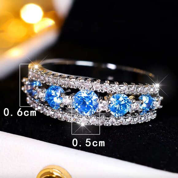 NEW 14k White Gold Blue Topaz Diamond Ring Band - Picture 4 of 4